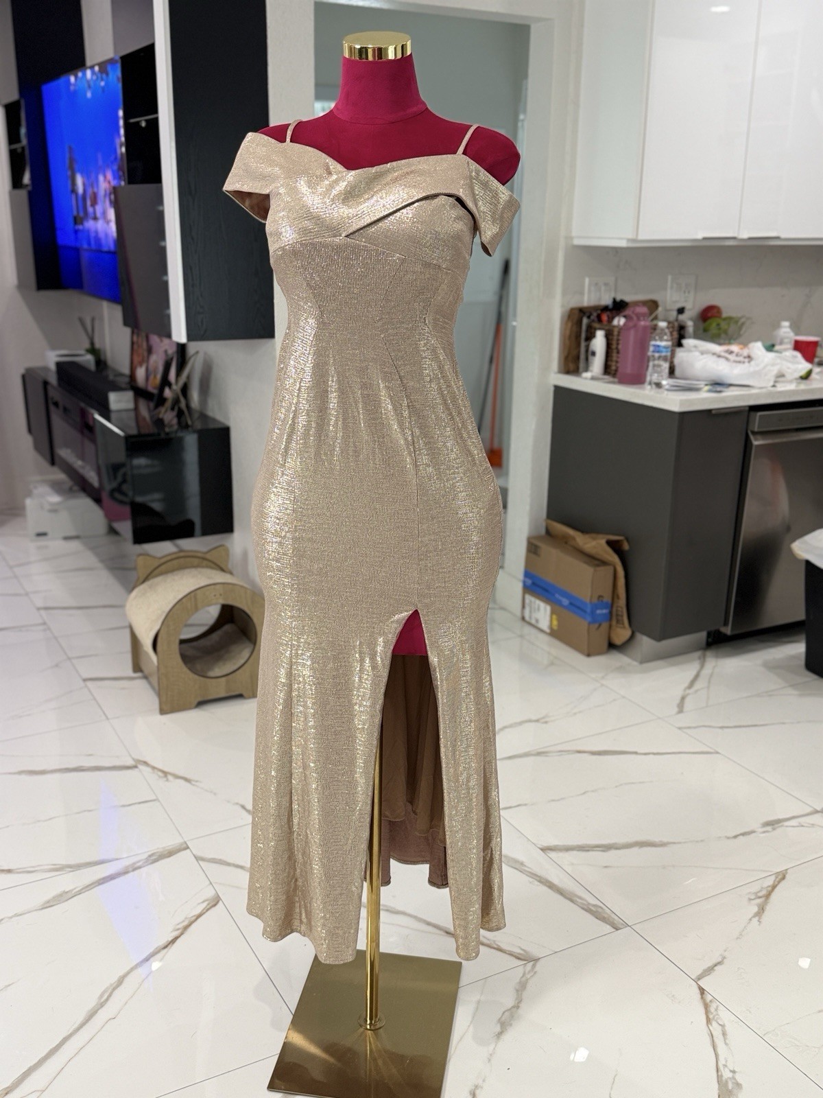NW Nightway Gold Metallic Off Shoulder Spaghetti Strap Long Gown Slit 4