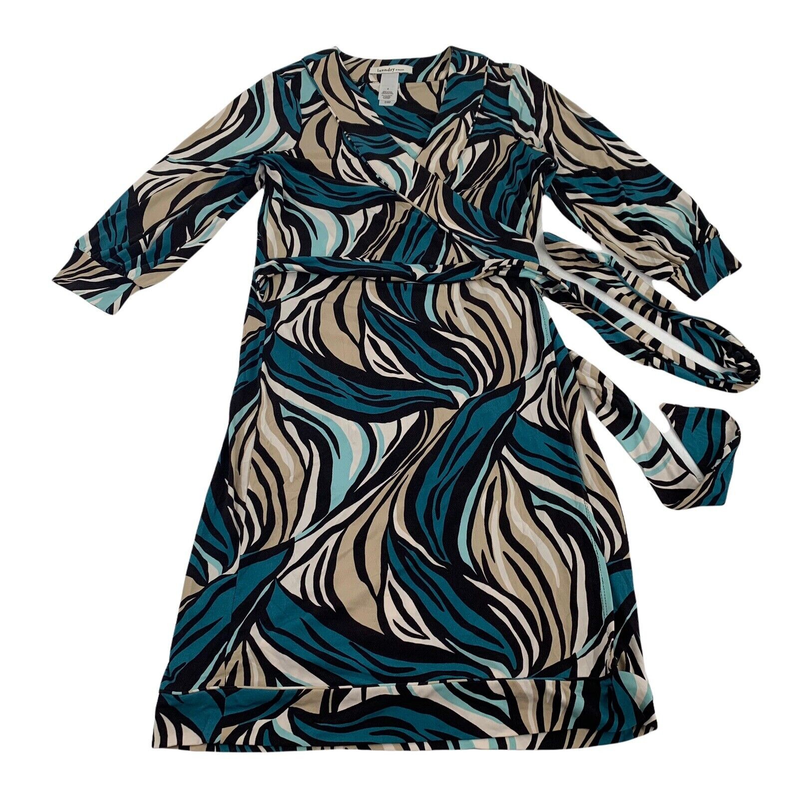 Laundry by Design A-Line Wrap Dress Women’s 6 Blue Black Beige Abstract Print