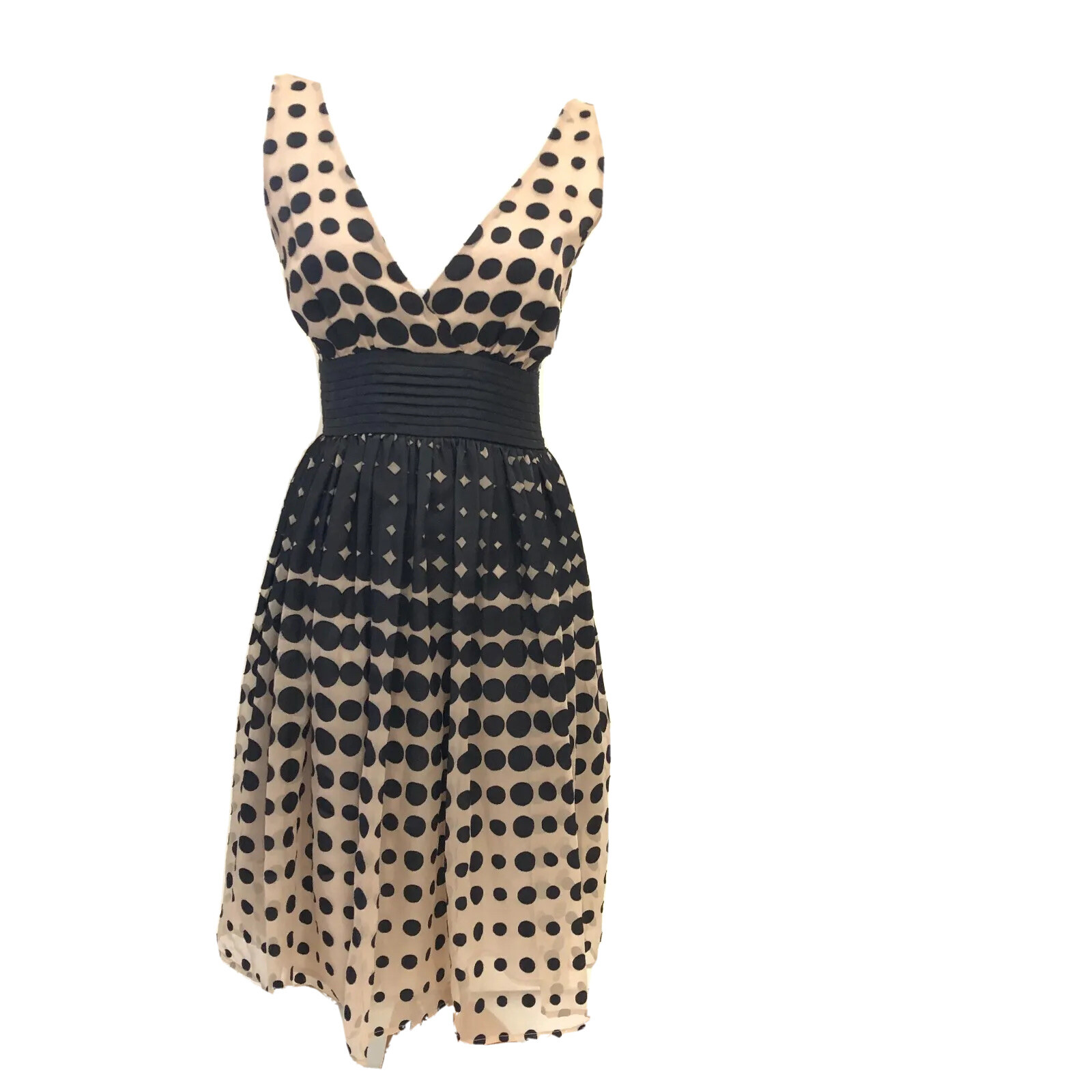 Burlapp Anthropologie Cream Tan Beige Black Pleated Polka Dot Dress size 0 DJ