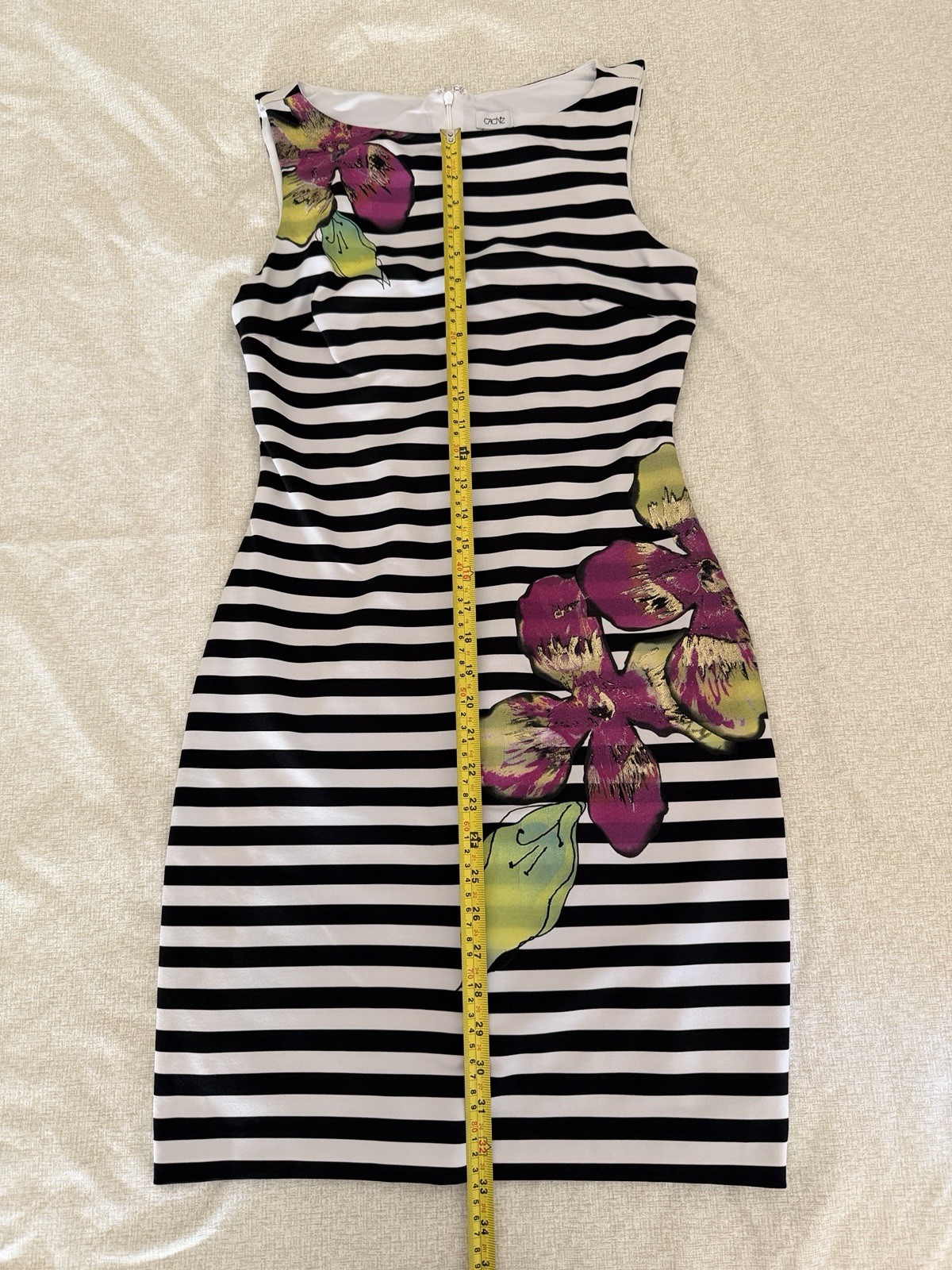 Cache Black/White Striped Floral Sheath Dress Sleeveless Stretch Lined Zip 10