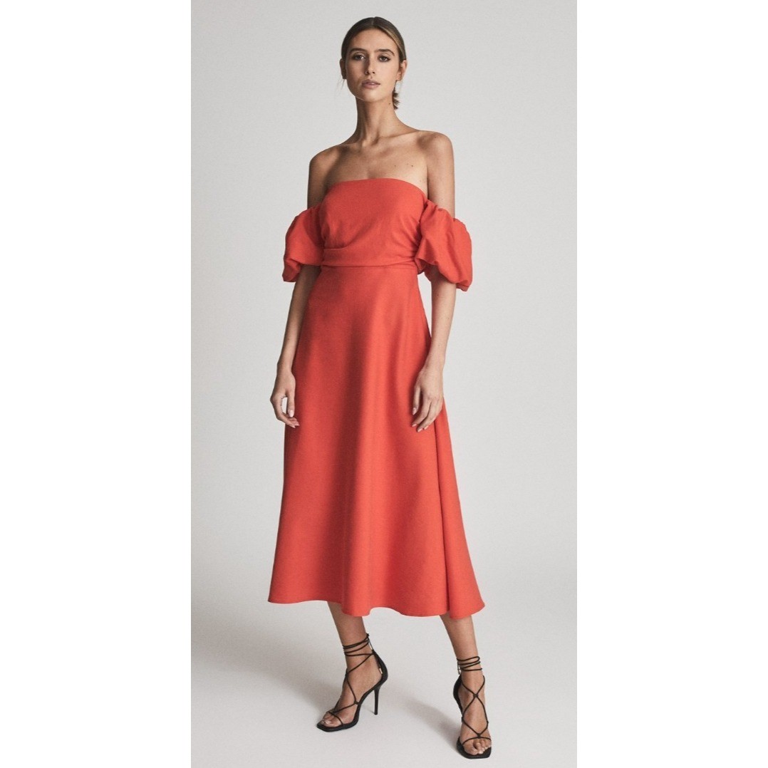 Reiss Shona Puff Sleeve Off-Shoulder Midi Dress Orange Linen Blend Sz 8 Smocked