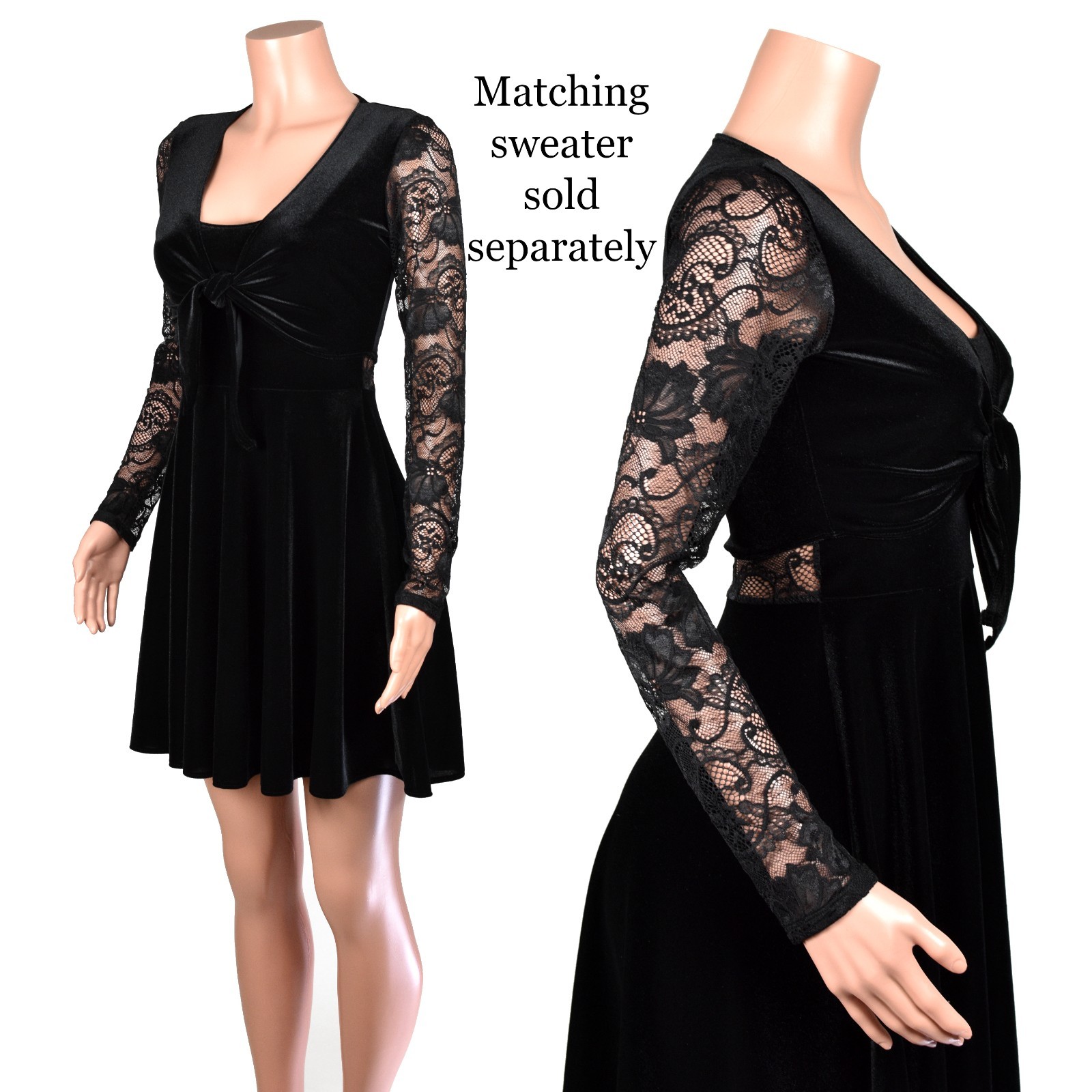 Black Velvet + Lace Sleeveless Skater Dress sheer back gothic plus size XS to 3X