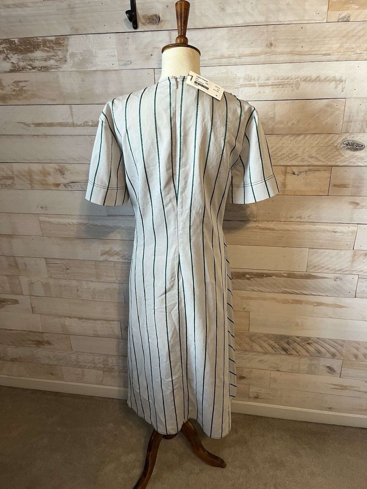 NWT cedric Charlier size 4 faux wrap midi dress in stripe zip closure green/gray