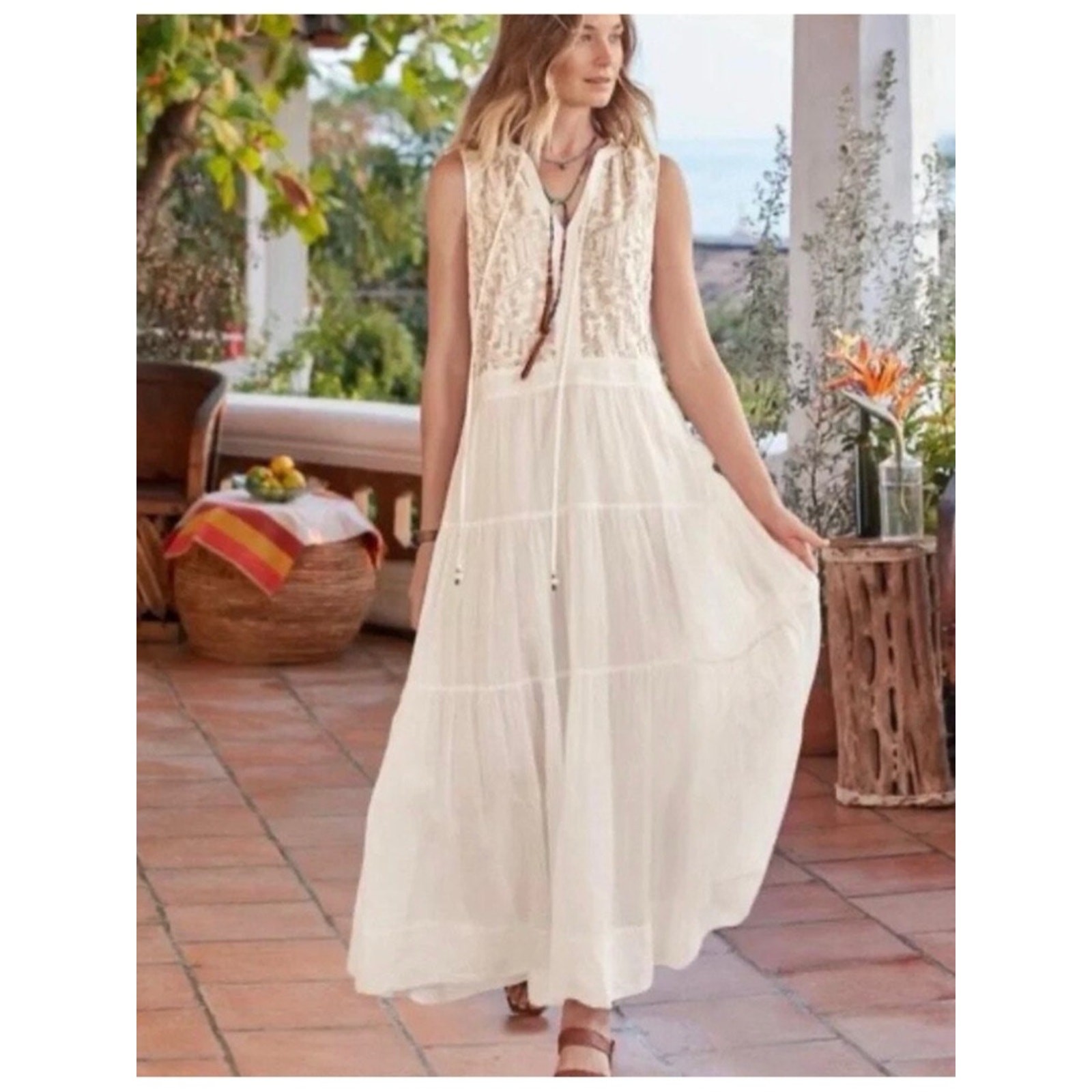 Sundance Women’s Sz M Ivory Maxi Dress Verity Embroidered Peasant Sleeveless