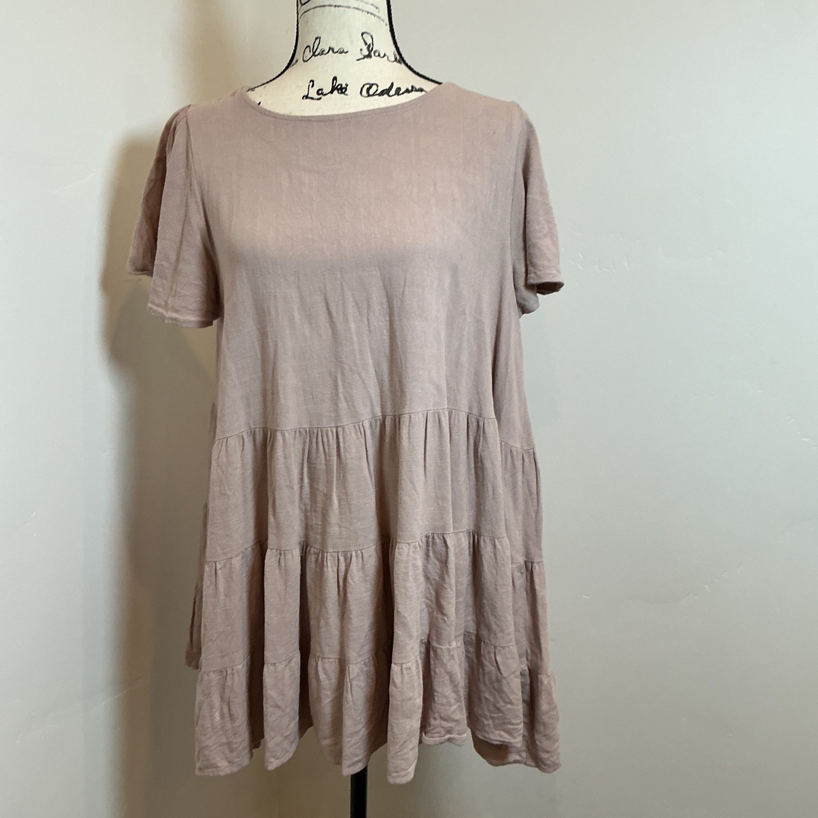 By Together Tiered Tunic Dress Mauve Pink Short Sleeve Boho Casual Size M