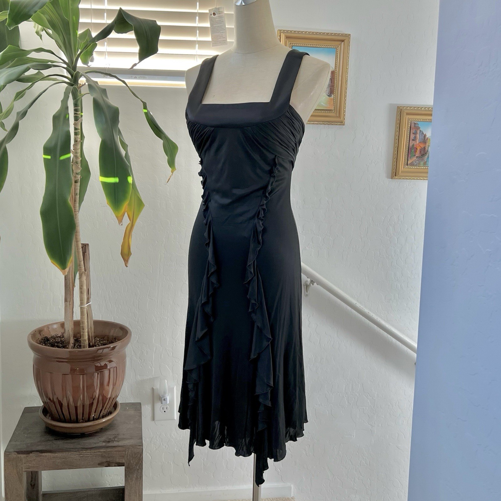 Versace Y2K LBD Cocktail Dress Silk Viscose Black Ruched Square Neck IT38 XS 2