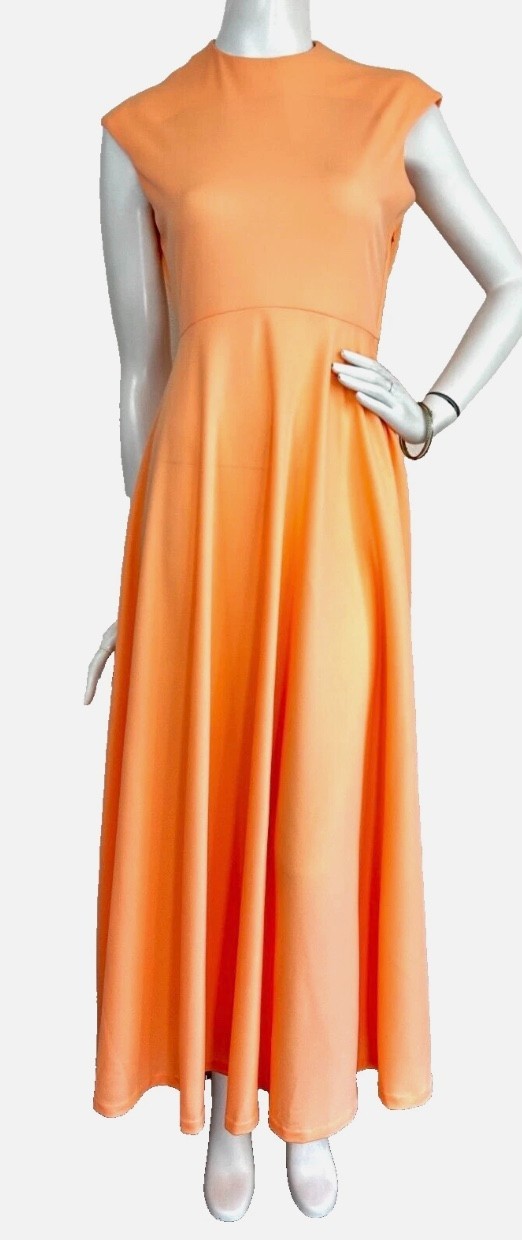 Vintage Maxi Dress Size Small Peach Hostess Keyhole Button Back Cap Sleeve VGUC