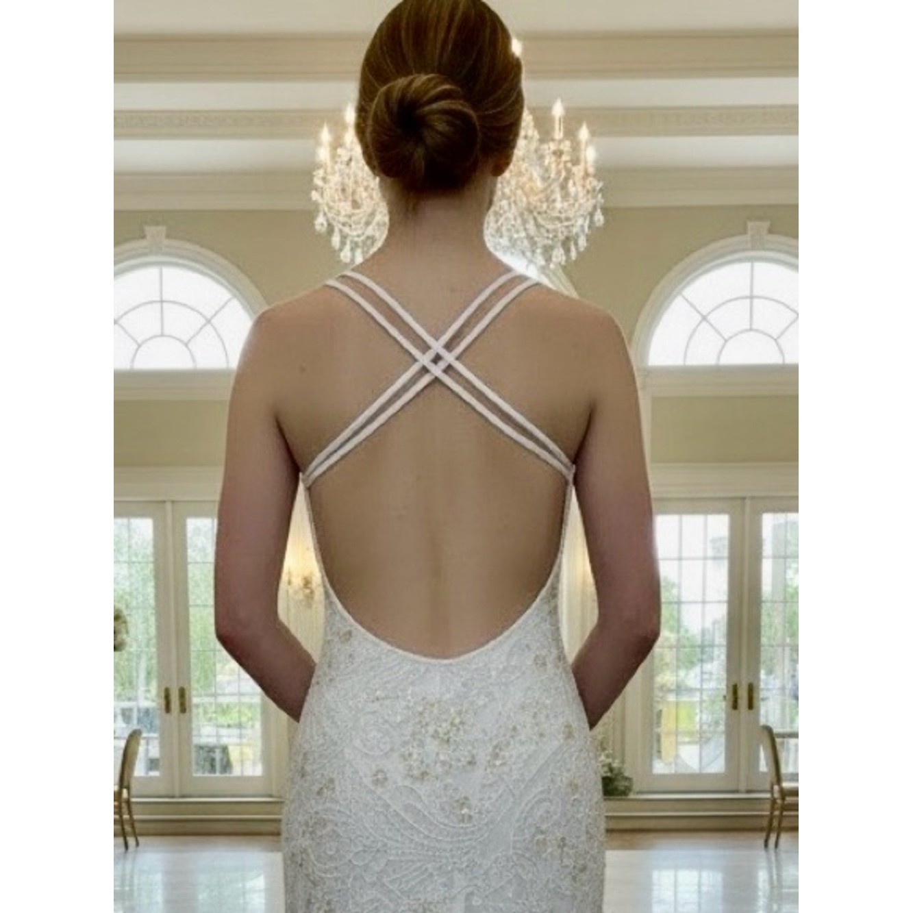 White hand Beaded Ruffle Backless Evening Dress. Power mesh stretch fabric.
