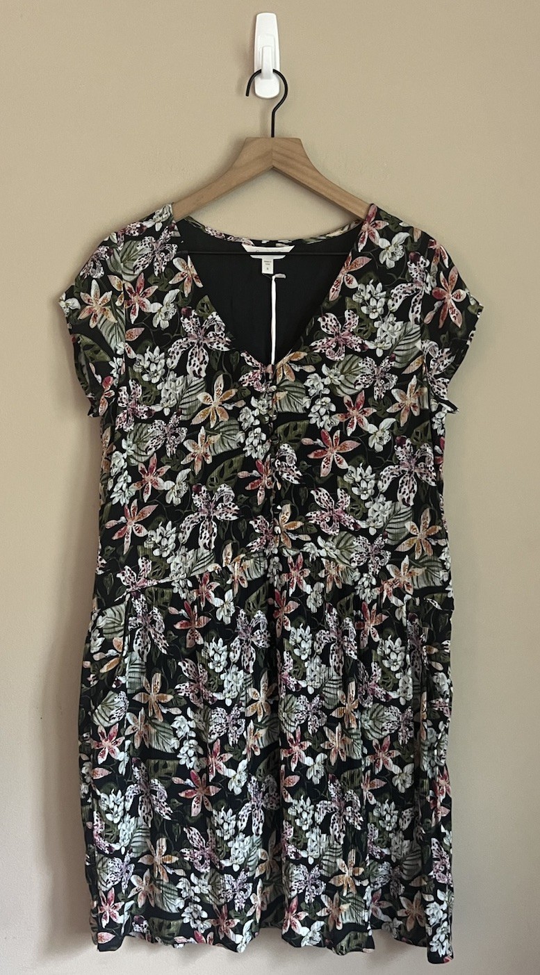 Garnet Hill Black Floral Gauze Dress V Neck Buttons Lenzing Ecovero Small 4 6