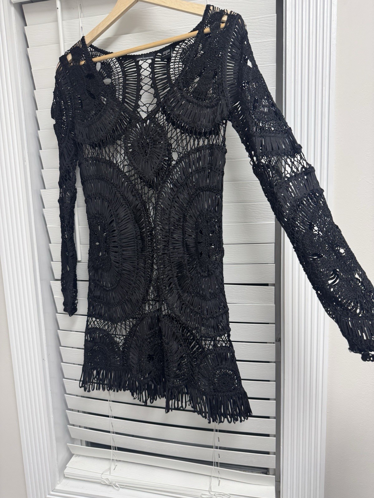 Moda International Black Crochet Mesh Mini Dress Small Boho Hippie Swim Cover Up