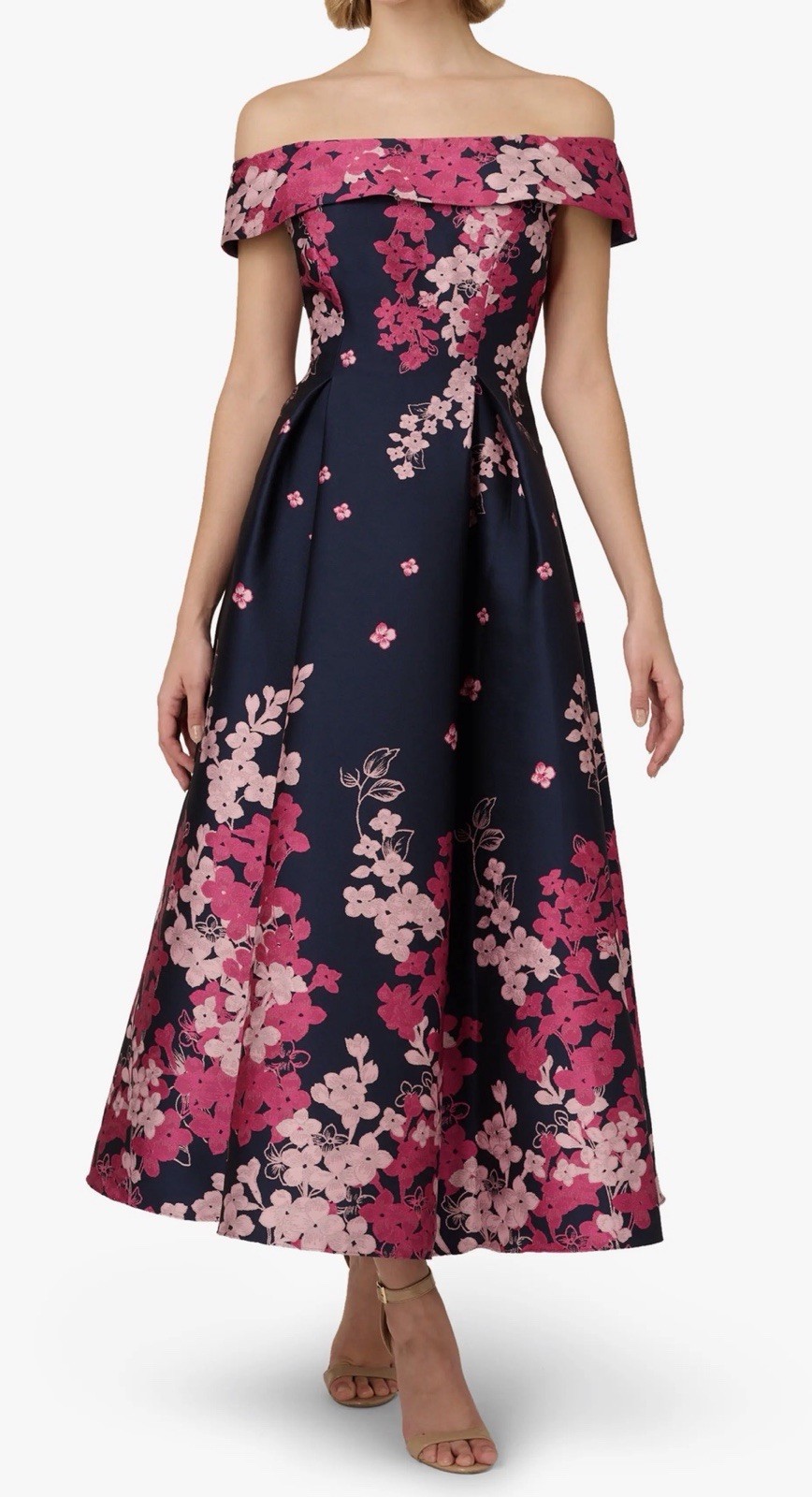 New Adrianna Papell Floral Off the Shoulder Jacquard Gown Navy Pink US 14 $249