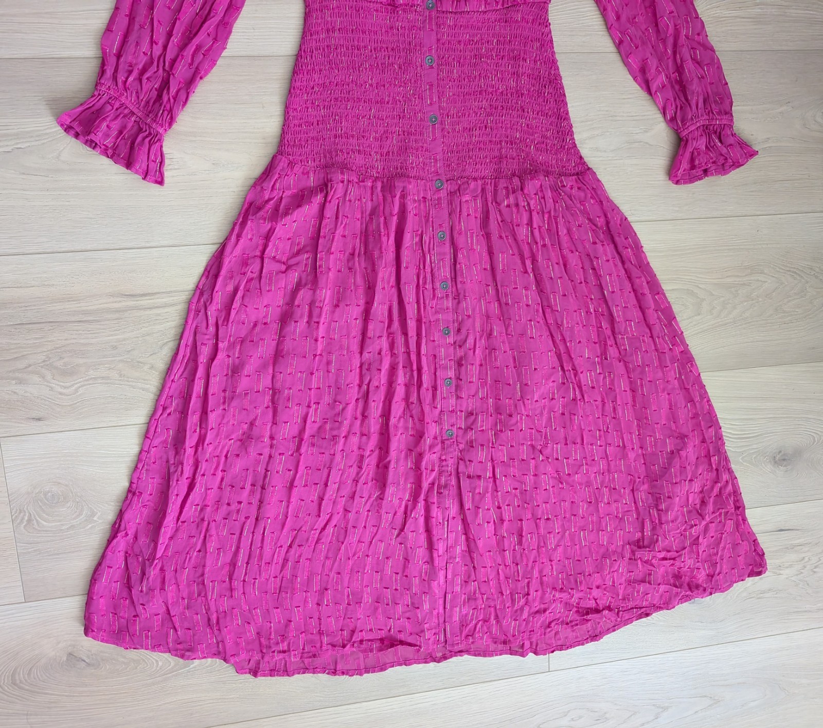 Anthropologie Smocked Long Sleeved Ruched Maxi Dress in Fuchsia Pink Size XS