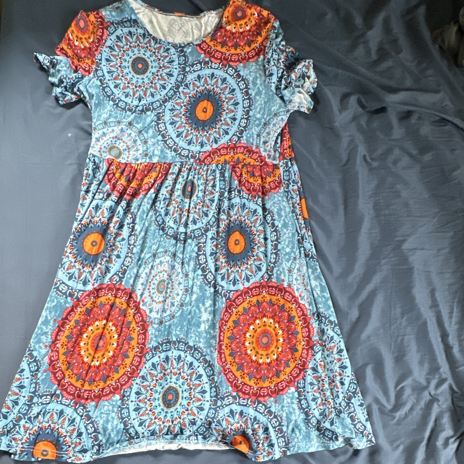 Women’s Plus 2XL Blue Orange Red Geometric Round Neck A-Line Knee Dress