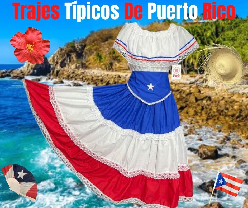 Puerto Rican Flag Skirt Set & Star Belt 3PC Traje Típico Jíbara Boricua Outfit