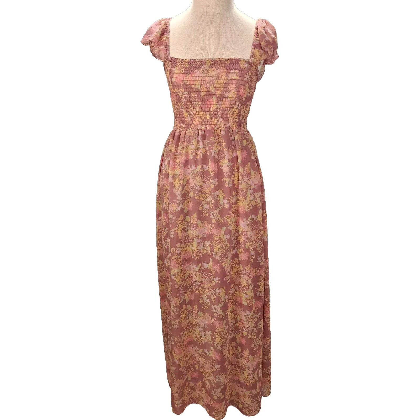 Women’s Floral Smocked Maxi Dress L Sheer Milkmaid Ruffle Sleeve Cottagecore