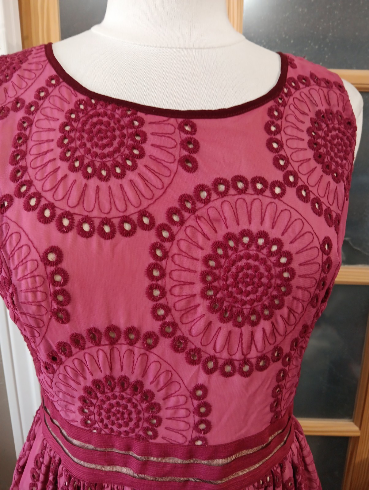 RYU Dress Fit Flare Crochet Cutout Lined Wine Boho Cottage Festival Sz L Knee