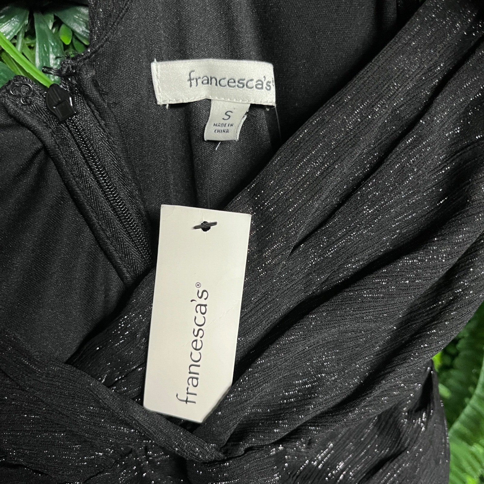 Francesca’s Melliny Dress Small Black Metallic Ruffle Midi Coccktail 4088 NWT