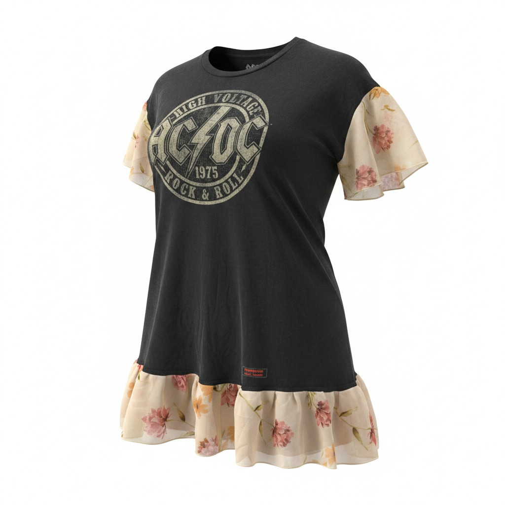 AC/DC Velvet Familiar Upcycled Rock Tee Ruffle Tunic Dress 2XL Boho Festival