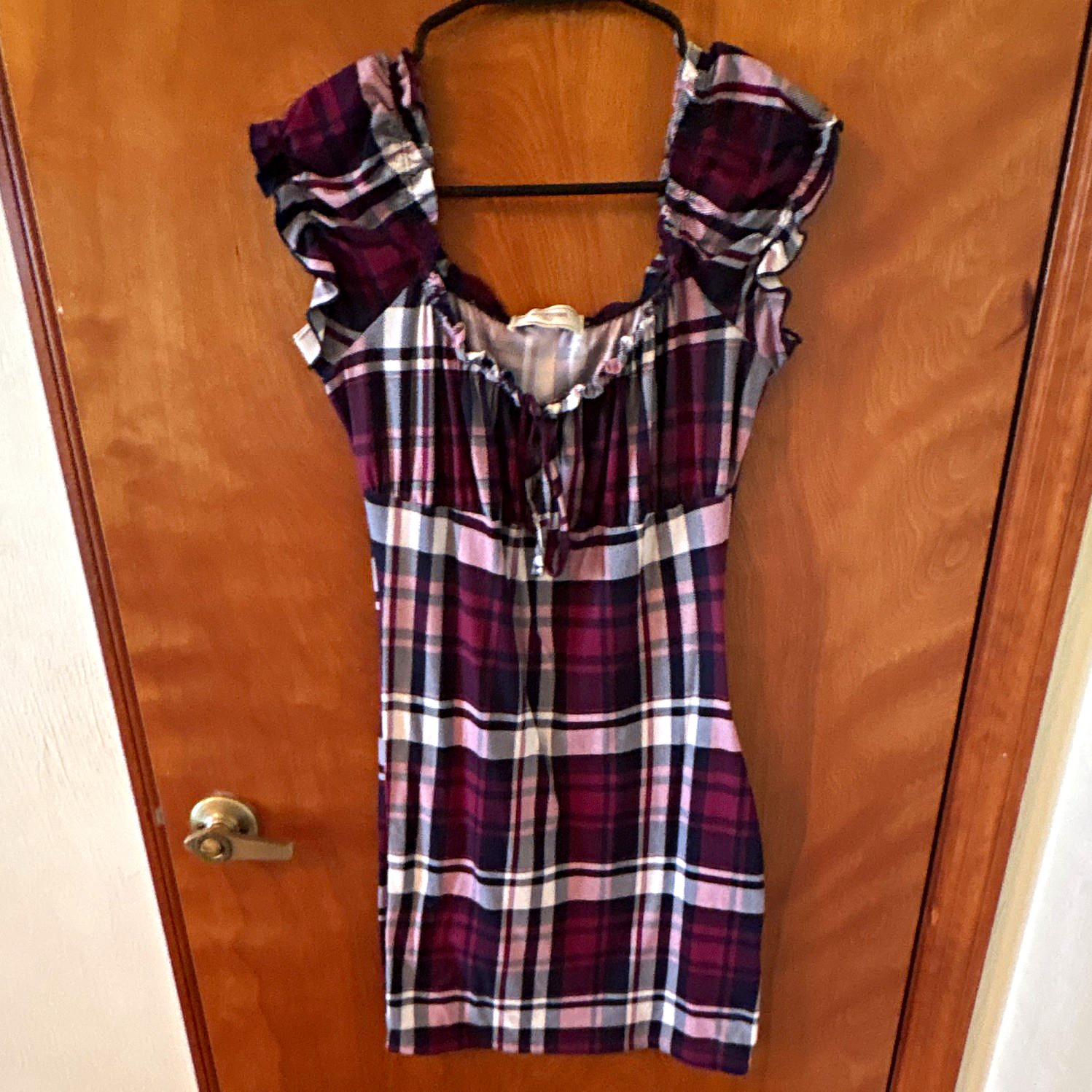 no comment NY-LA L Purple/White/Black Plaid Square Neck Puff Sleeve Mini Dress