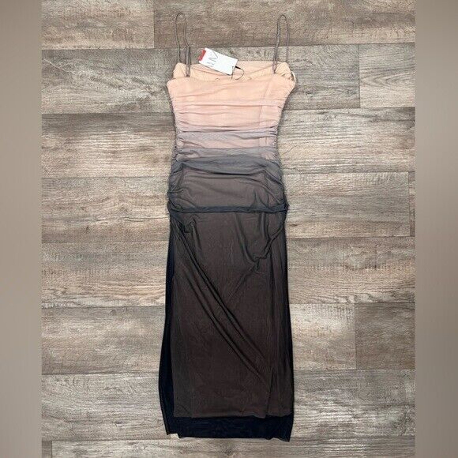 Zara NWT Ombre Gradient Ruched Mesh Midi Dress L