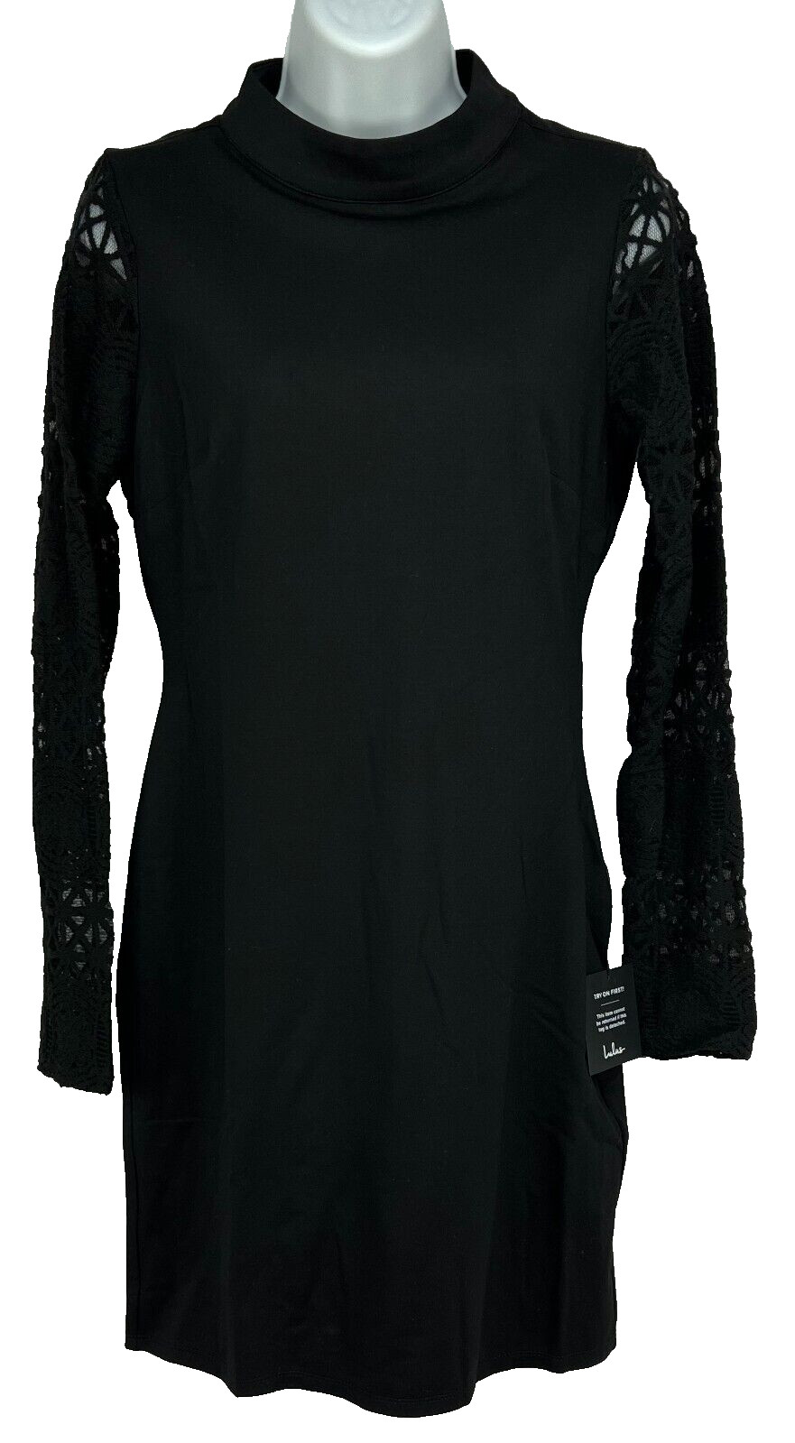 LULUS Black Dress M Crocheted Lace/Net Sleeves Back Zipper Stand-Up Collar NEW