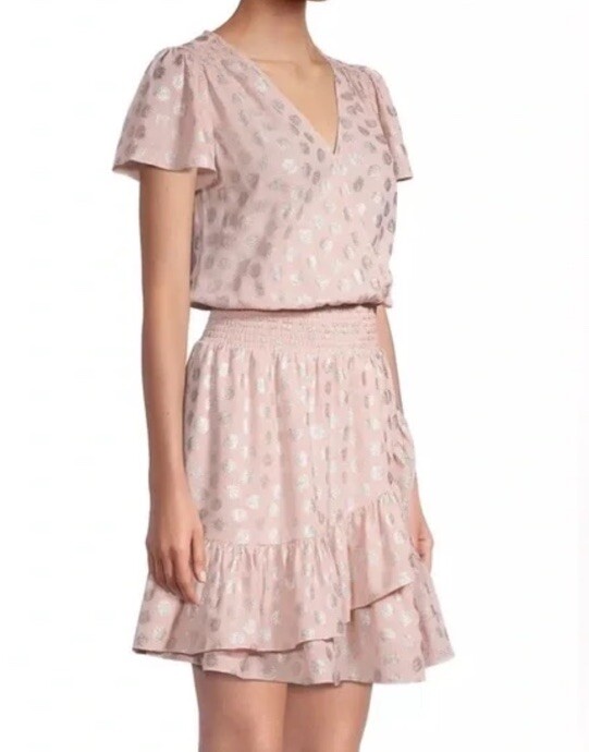 Michael Kors S Wrap Ruffled Flutter Sleeve Smocked Rosewater Silver Print Dress
