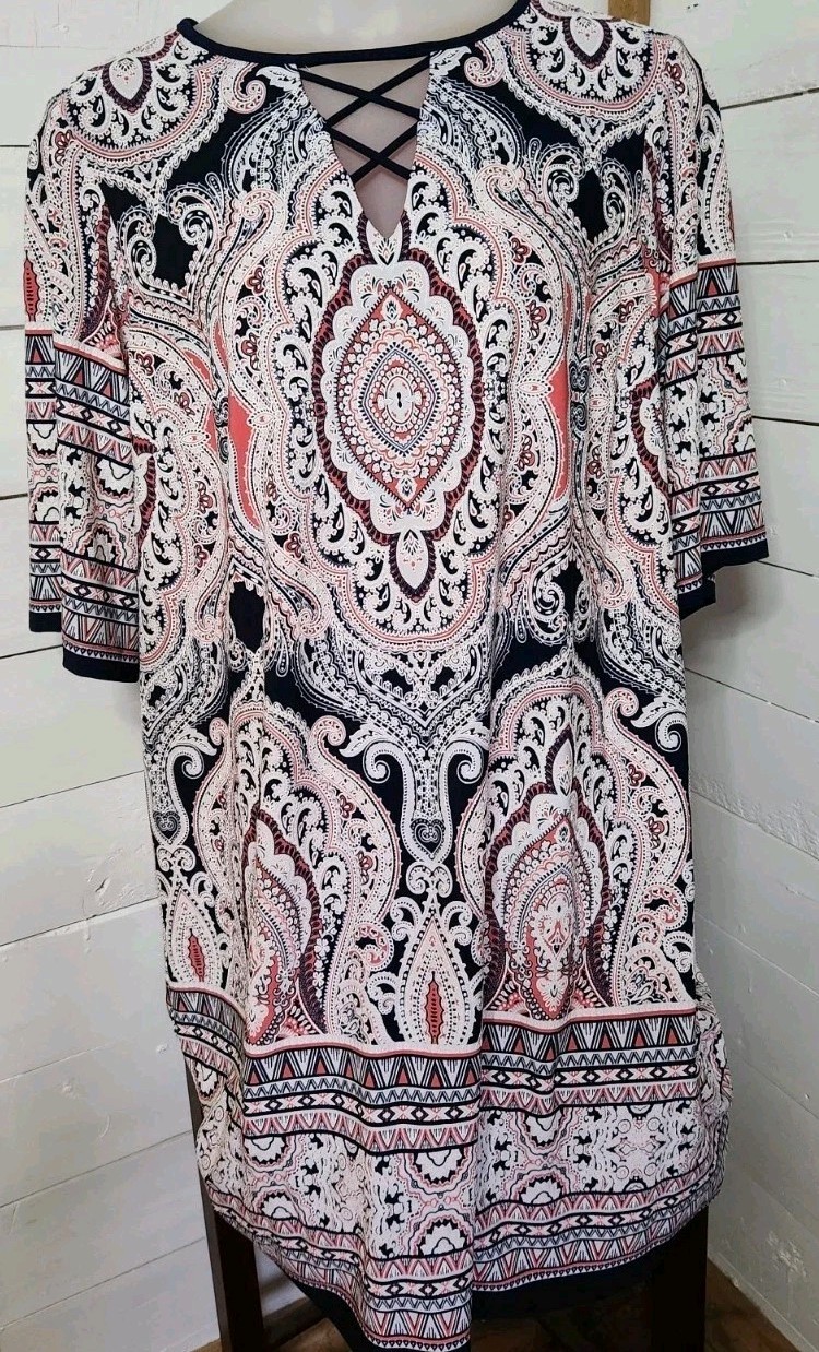 Roz & Ali Dress Peach White Navy Blue Size Womens 20 Keyhole Q!-5
