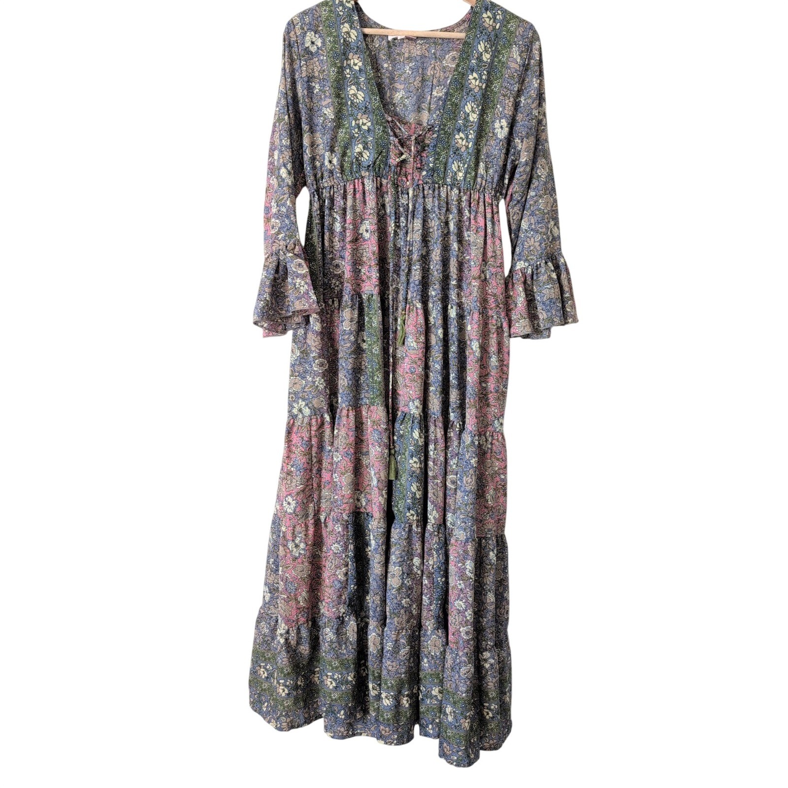 Boemo Anthropologie Maxi Dress Floral Patchwork Lace Up Ruffle Sleeve M Boho