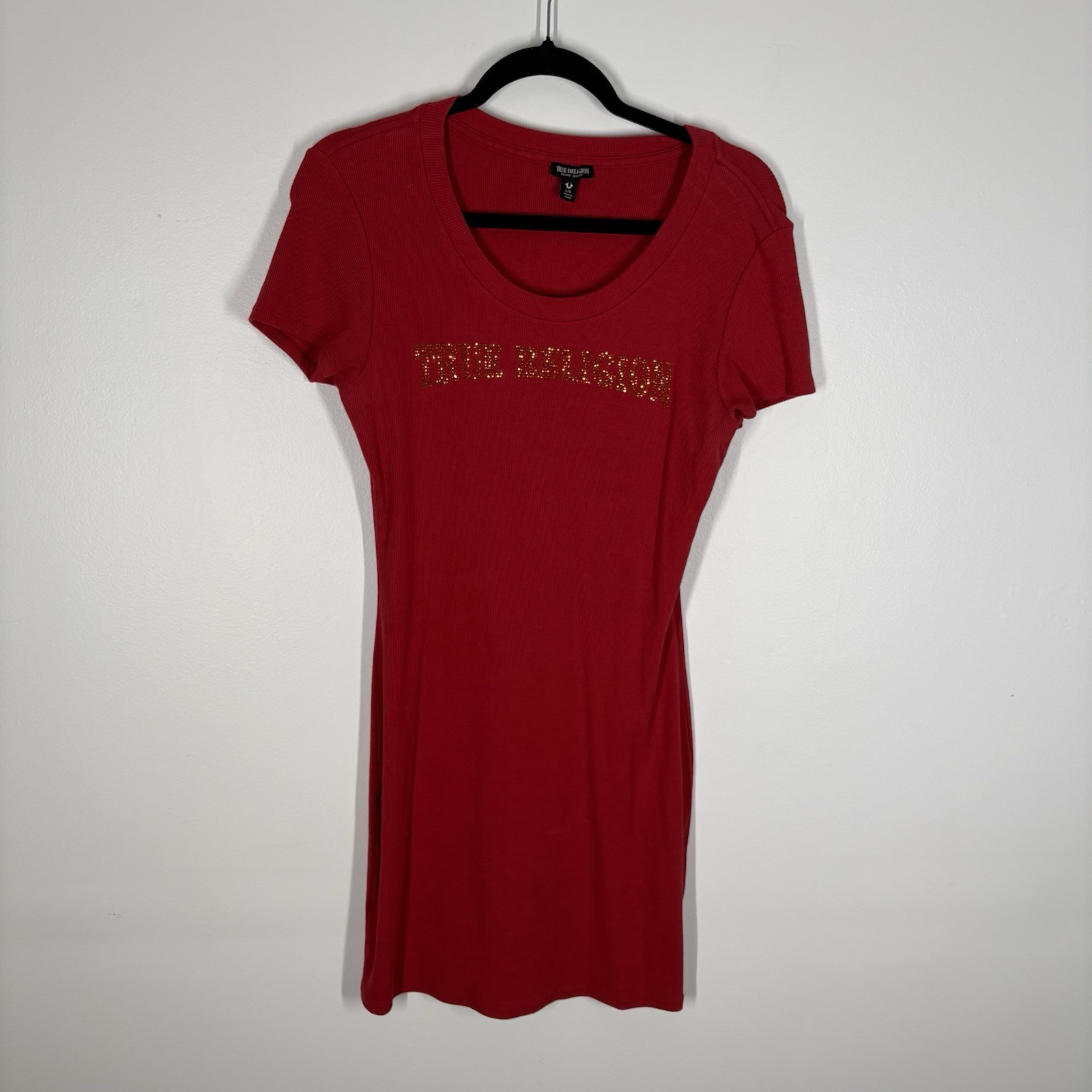 True Religion Women L Red Y2K Rhinestone Arched Logo Ribbed Tee Dress