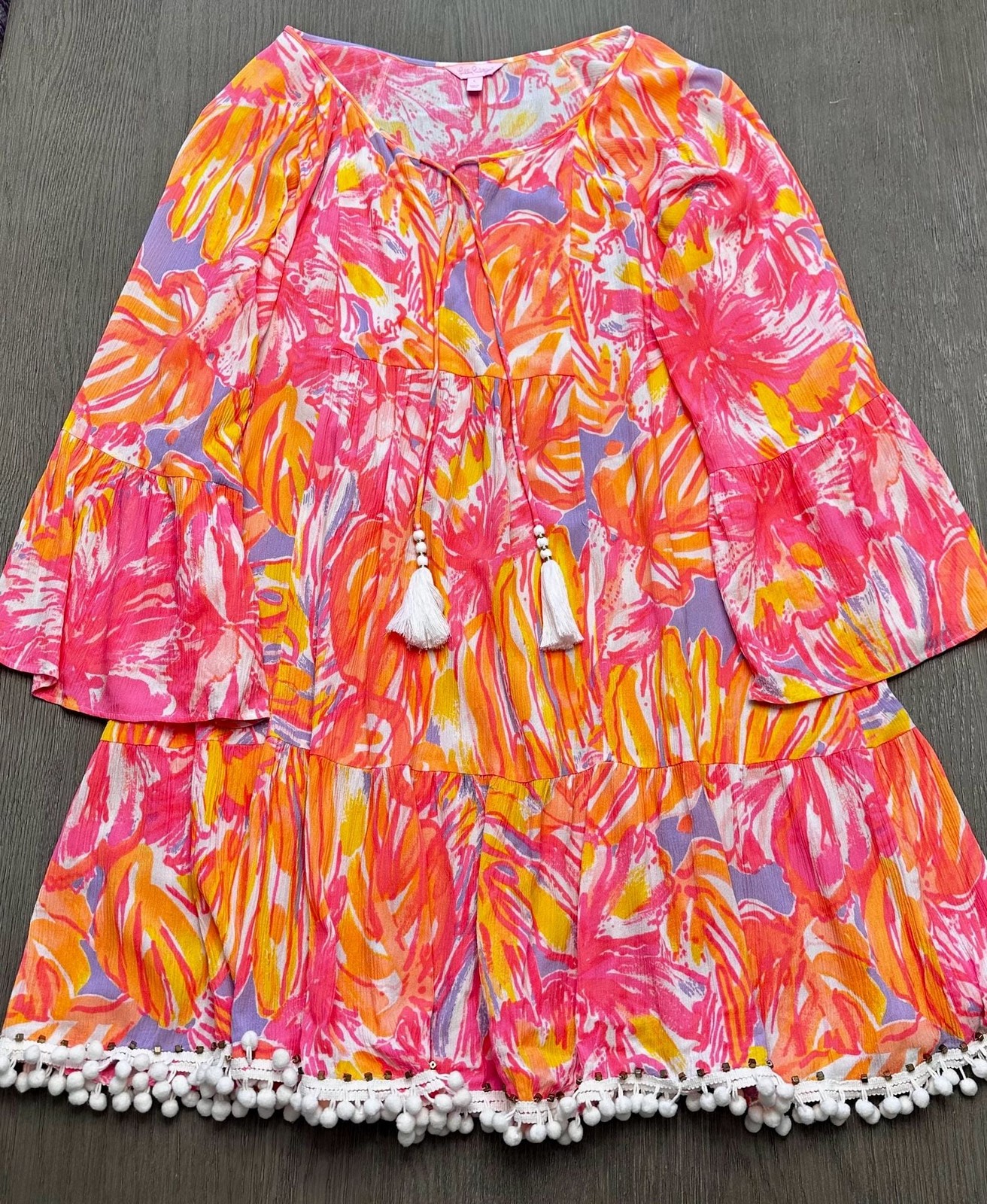 Lilly Pulitzer Amisa Tunic Dress Pink Tropical Floral Tassel Pom Pom Trim Size L