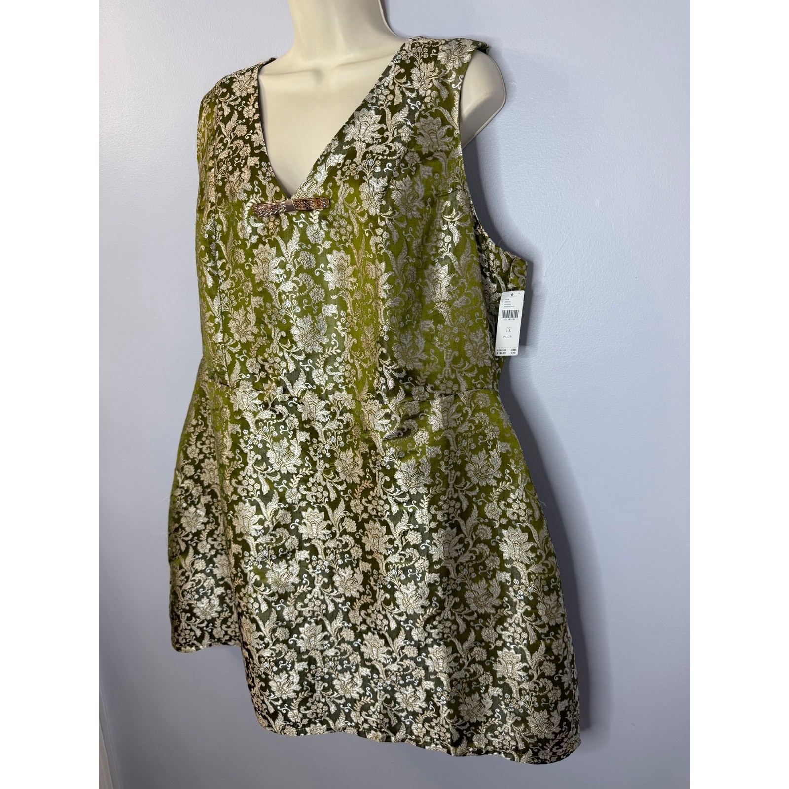 Maeve Sleeveless Brocade Shift Mini Dress Cocktail Green Gold Women’s 1X New
