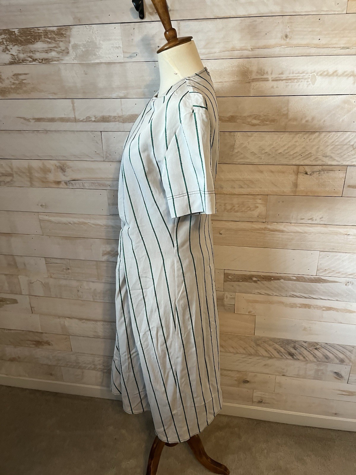 NWT cedric Charlier size 4 faux wrap midi dress in stripe zip closure green/gray