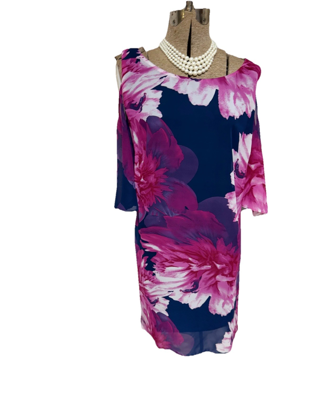 NEW Connected Apparel Dress Size 16W MIDI Resort Colorful Navy Pink Easy Care