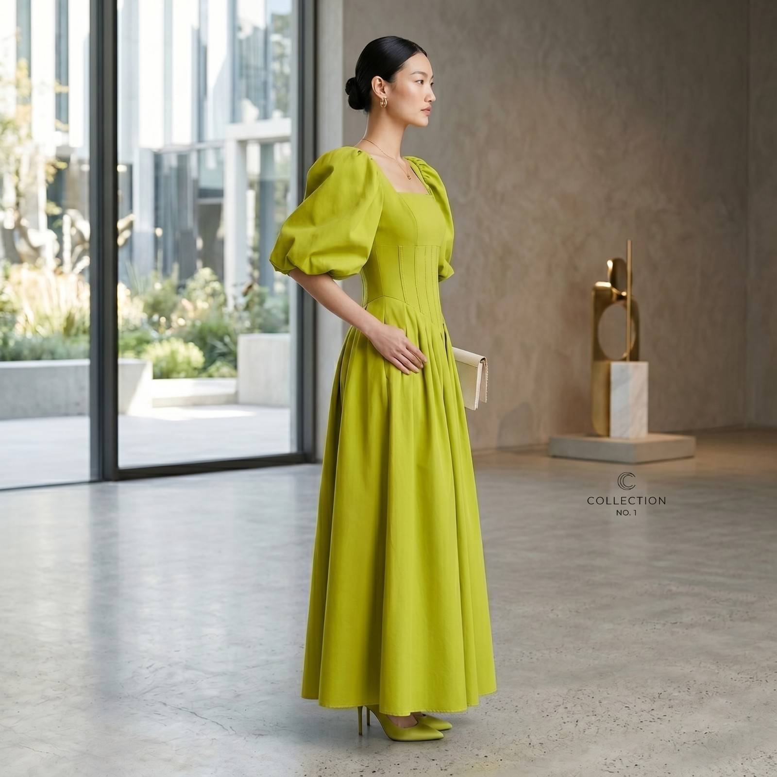 Elegant Square Neck Puff Sleeve Formal Evening Dress Corset Satin Prom Maxi Gown
