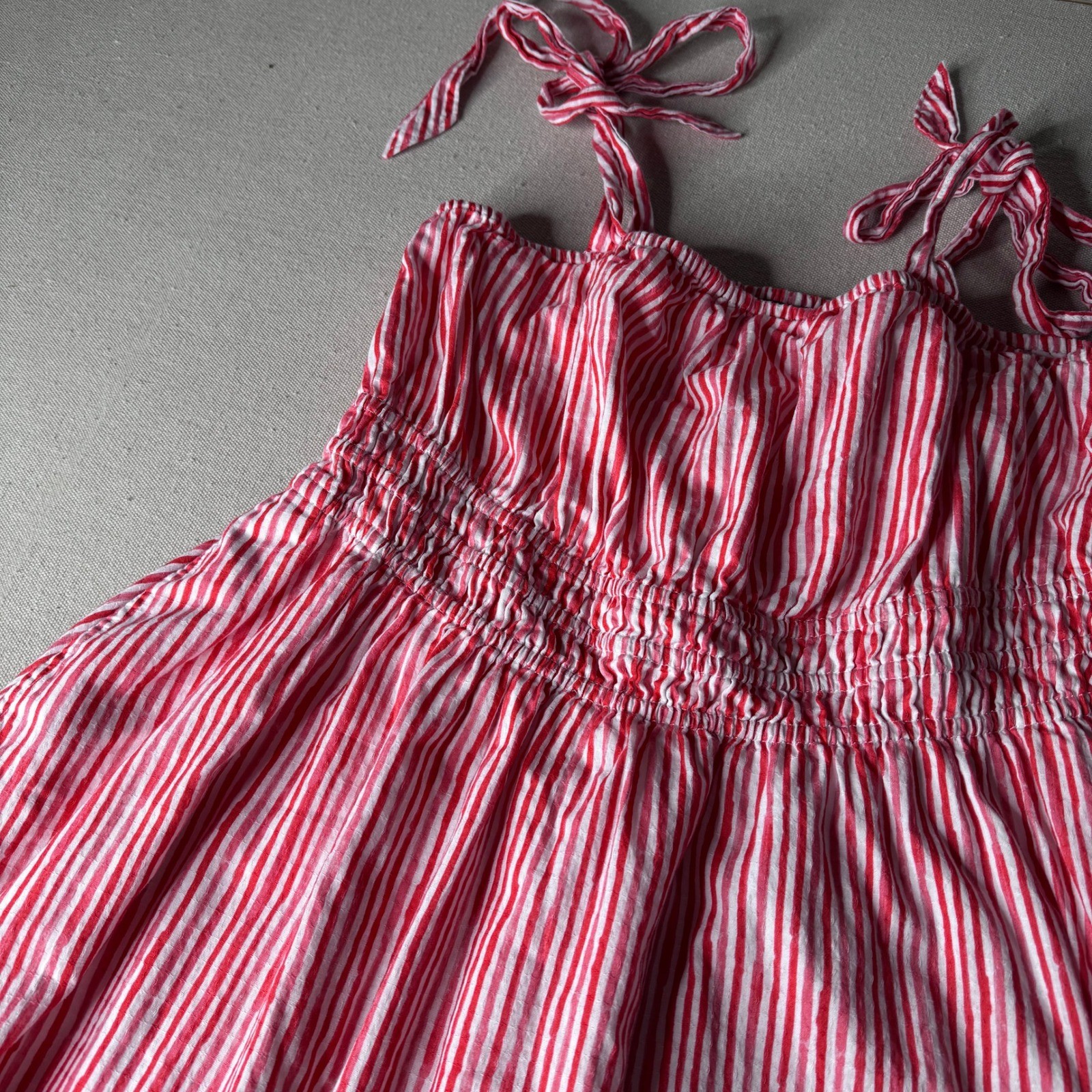 Lands End Womens Red White Striped Smocked Tie Strap Cotton Sundress Large 14-16