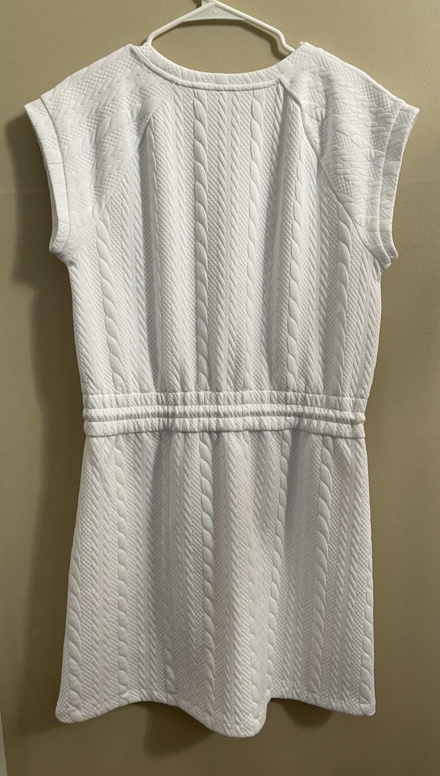 Talbots White Knit Tee Dress M Drawstring Waist Cap Sleeve Preppy Resort Travel
