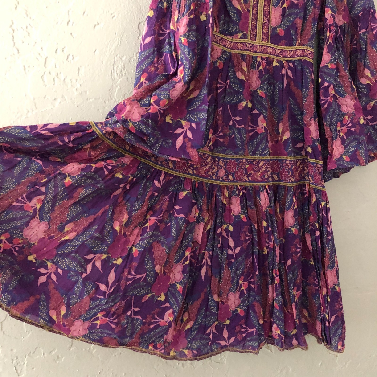 Spell & The Gypsy Bianca Dress Tiered Bell Sleeve Purple Floral V Neck Sz S READ
