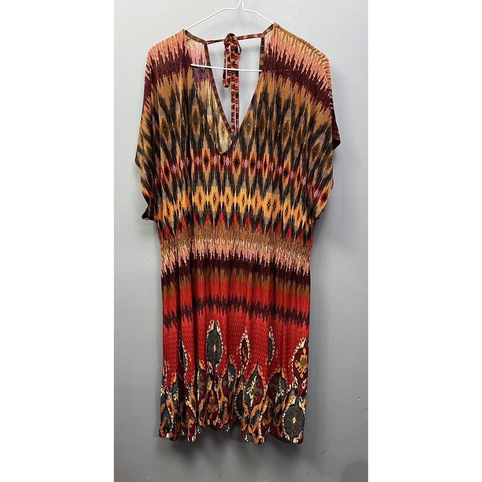 Just love earth tones abstarct print Tie back women’s short sleeve dress Plus 3X