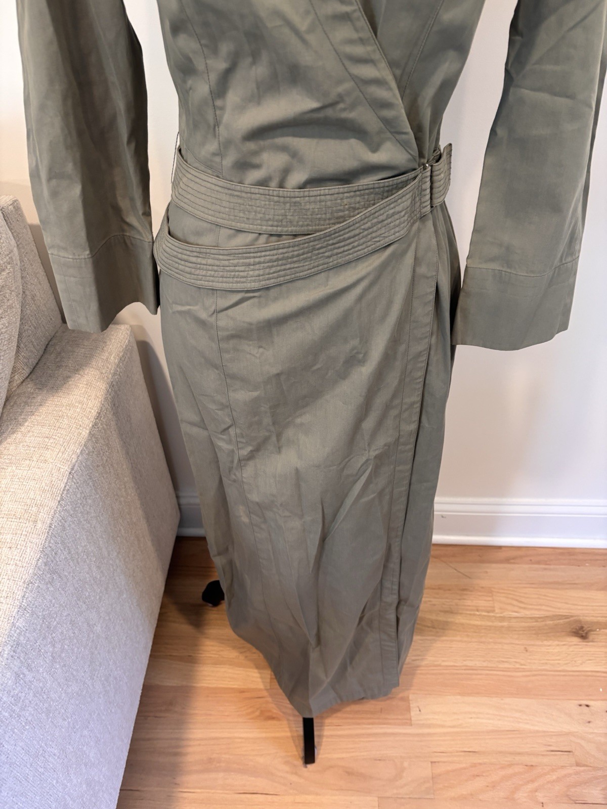 Vintage 1990s Thierry Mugler olive green wrap trench dress size FR 38/US 6