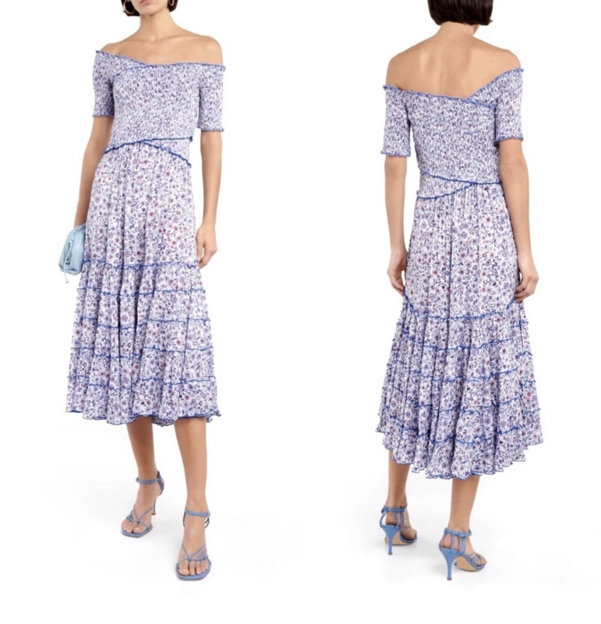 Poupette St Barth Soledad Midi Dress Pink Size Lg Smocked Floral Boho MSRP $375