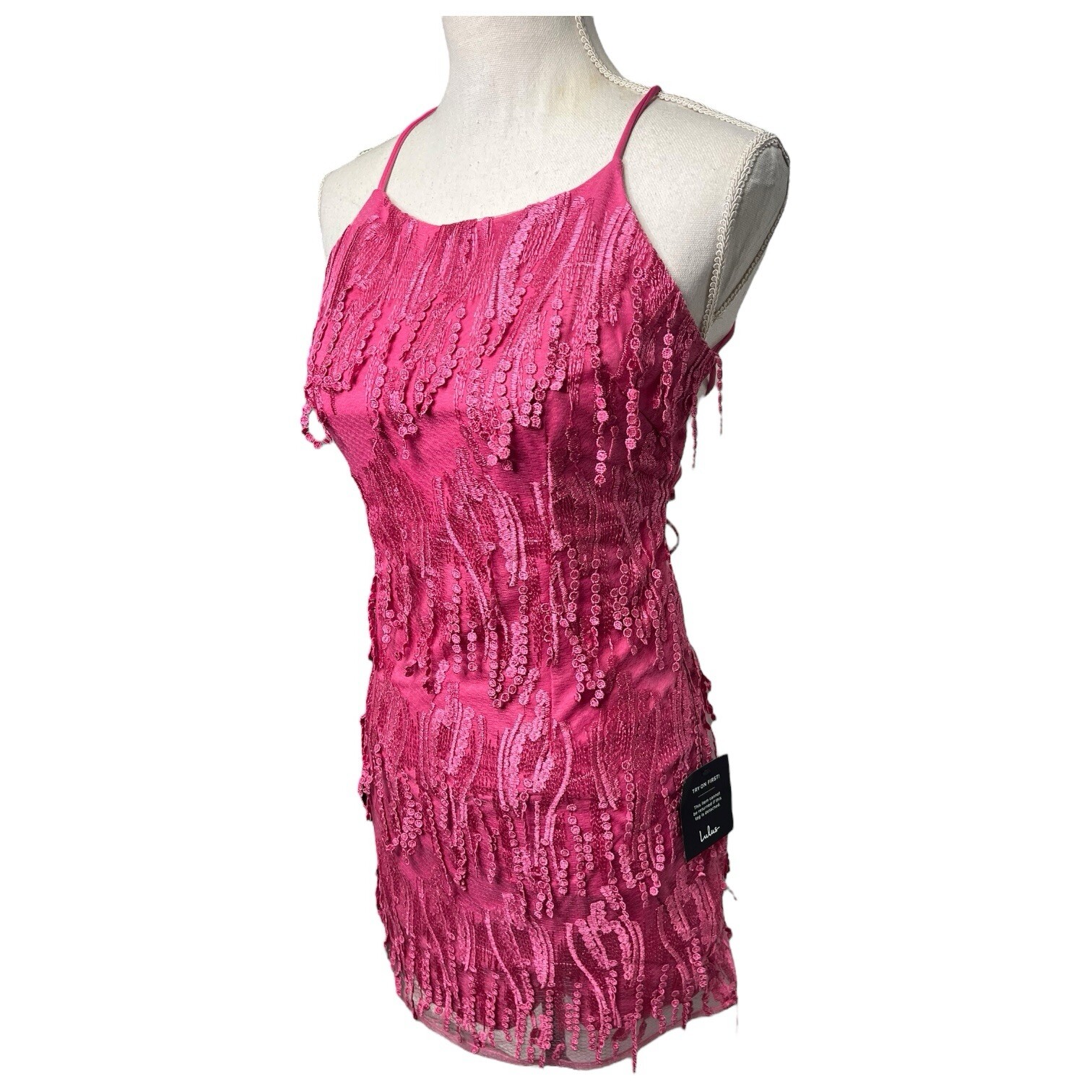 New Lulus Dress Womens M Making Magic Fringe Lace Up Mini Overlay Bright Pink