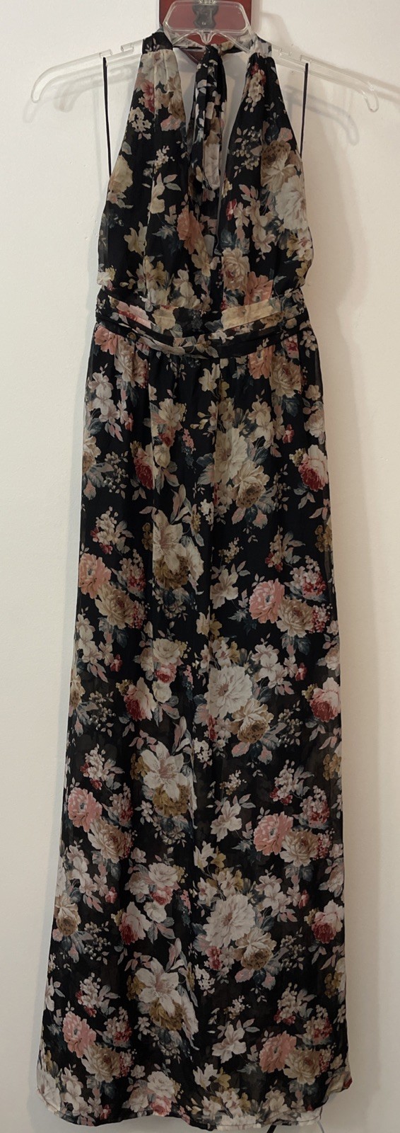 Xtaren Womens Large Black Floral Deep-Vneck Lined Halter Maxi Dress NWT! A2146
