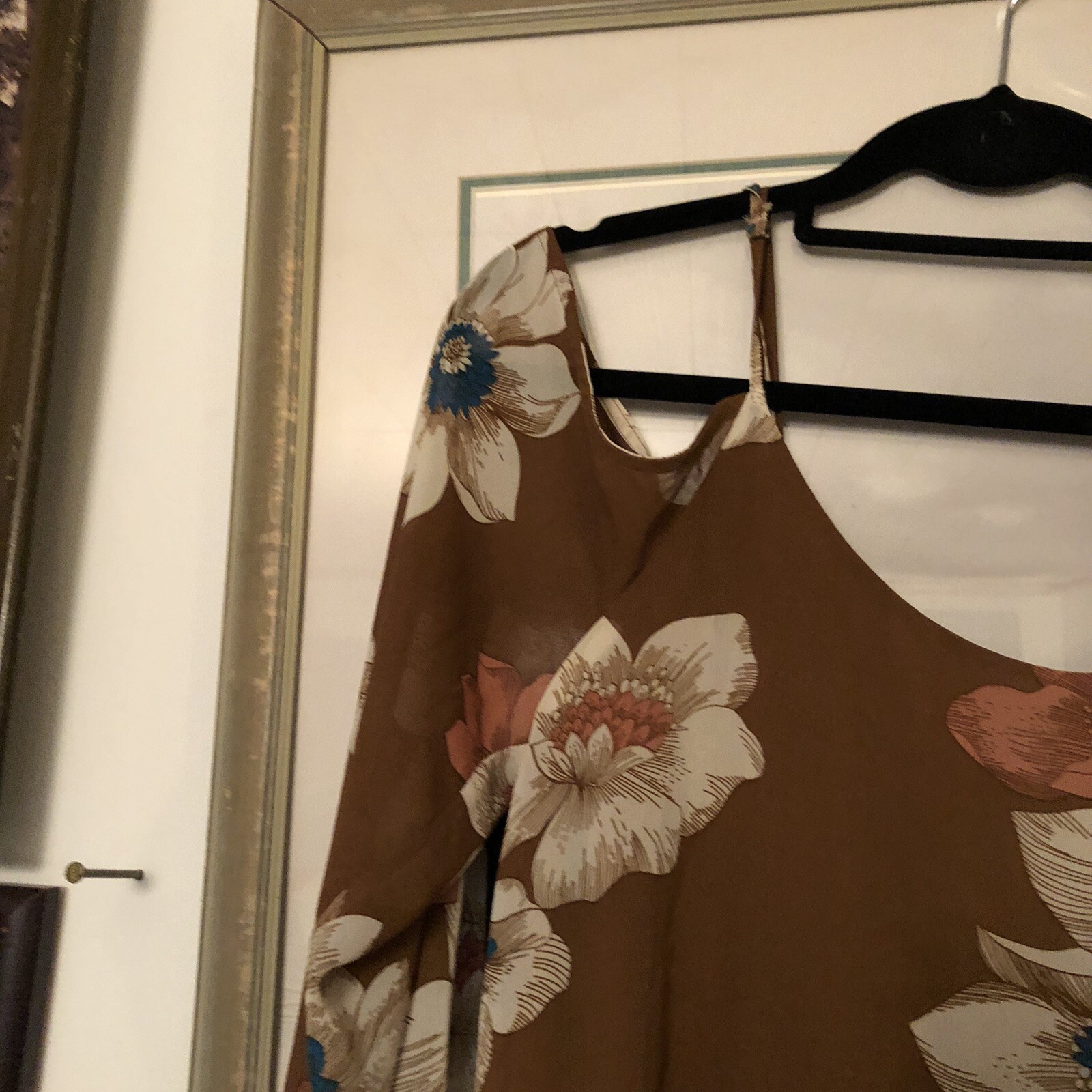 Leith Brown Cold Shoulder Floral Mini Tunic Dress Sz M A3114
