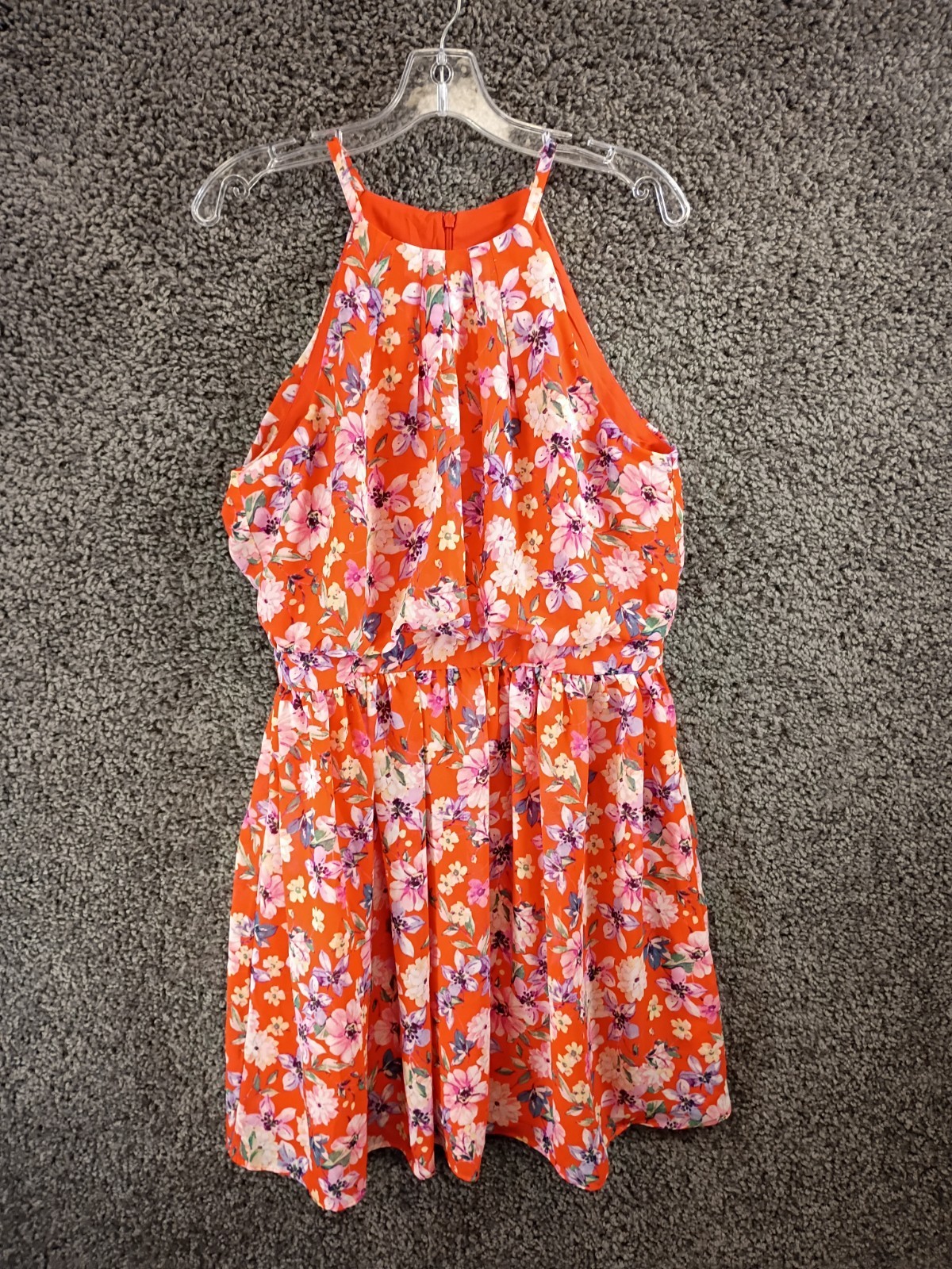 Falling Flowers Fit & Flare Dress Womens M Orange Floral Sleeveless Back Zipper