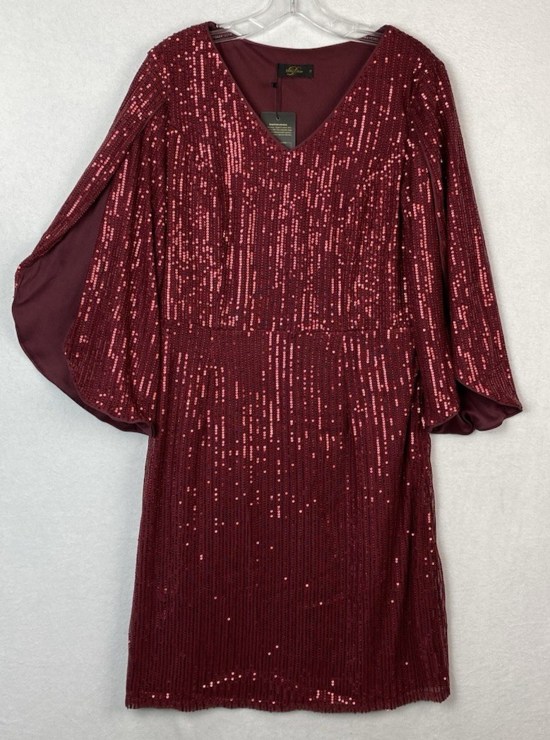 Dressystar Women XL Lined Sequin Dress Burgundy Split Bell Sleeves NEW