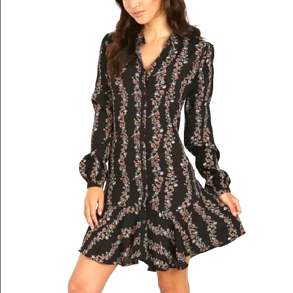 Free People Boho Floral Button Down Shirt Dress Women’s Medium Black Long Sleeve