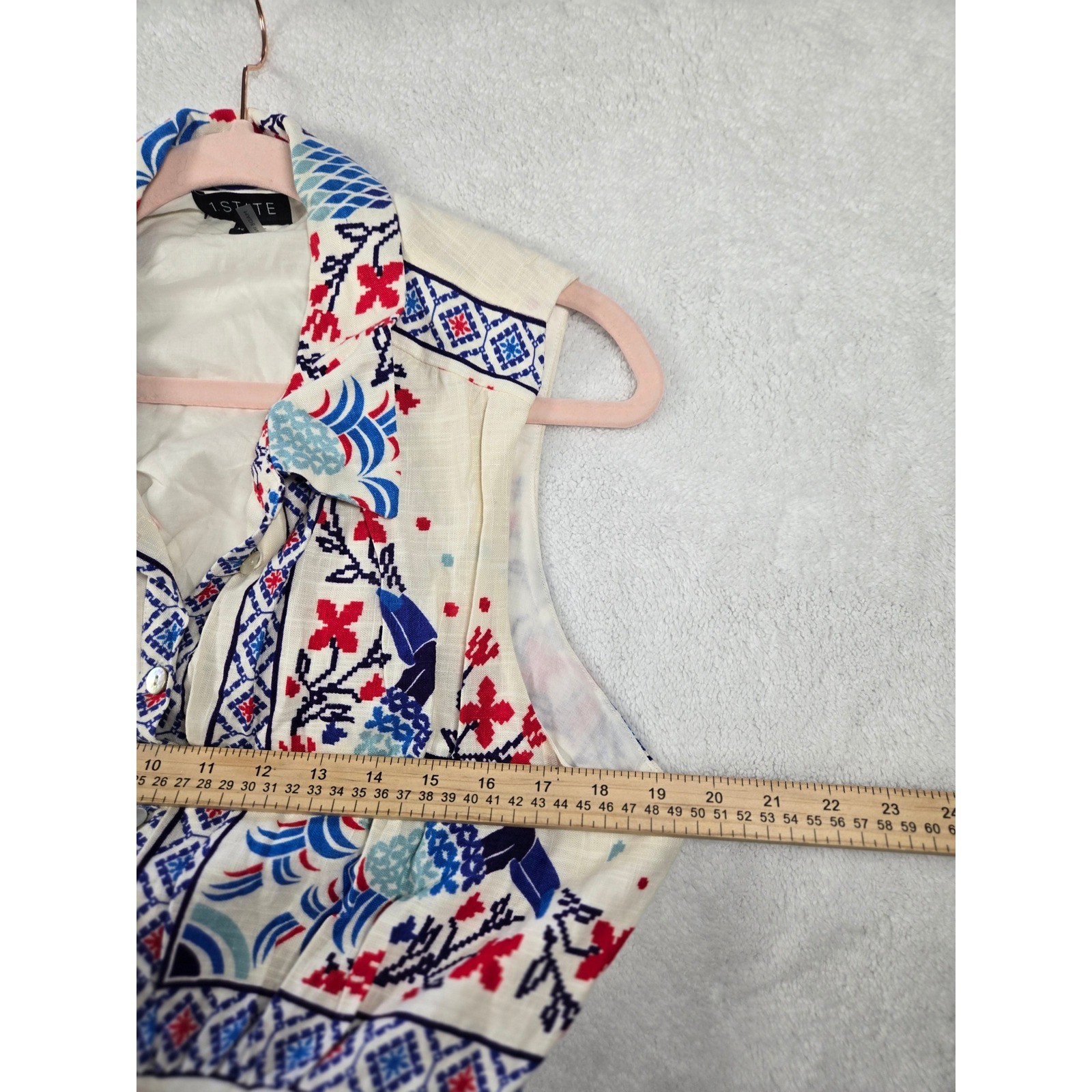 1 STATE Rayon Linen XL Geometric Floral Button Down Open Back Maxi Dress Cream