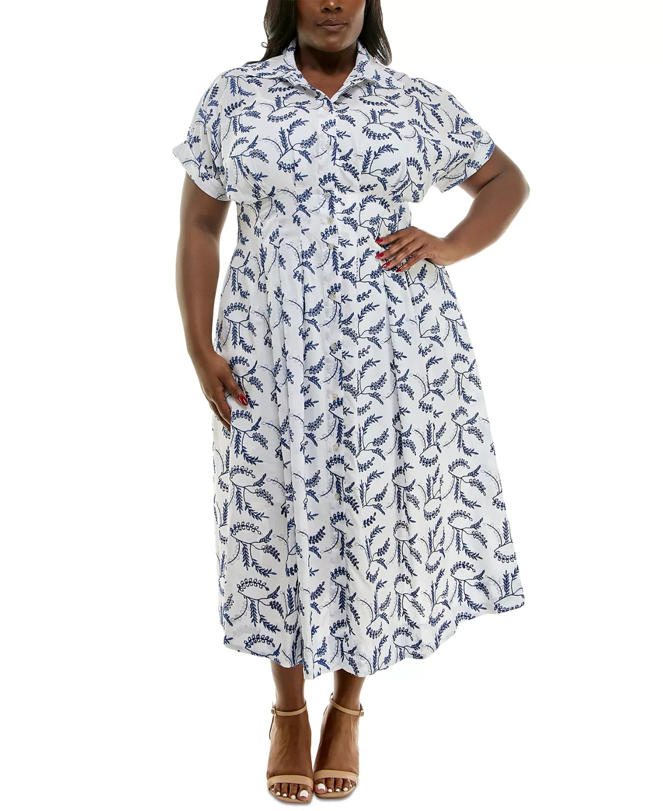 Taylor Plus Size Floral-Embroidered Button-Front Dress white/blue Size 18W