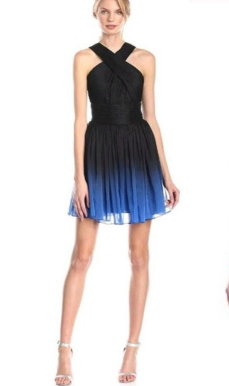 HALSTON Dress Size 2 Heritage NWT Black/Cobalt Blue Ombre Formal Mini Halter