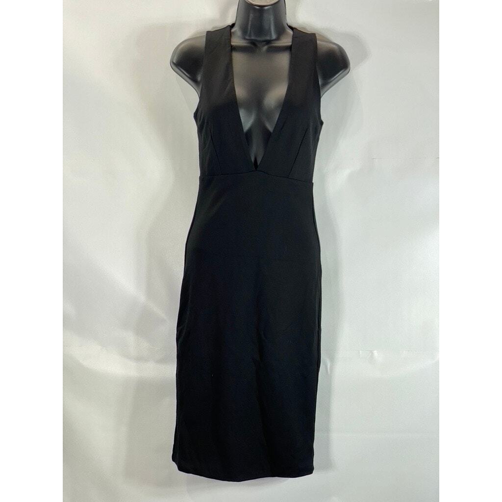 AQ/AQ Women’s Black Deep Plunge V Neck Sleeveless Jane Knee Length Dress SZ 0
